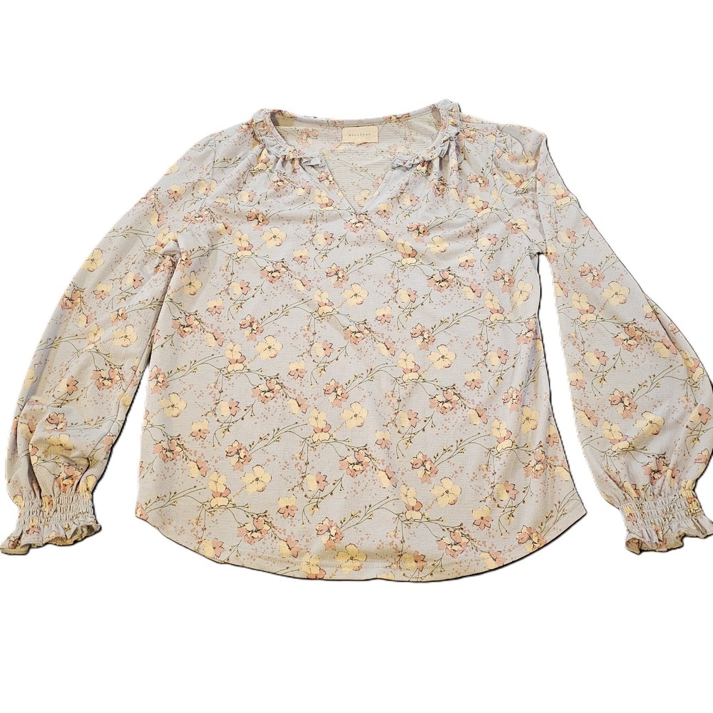 Melloday Floral Ruffled Neck Peasant Blouse Small Blue Pink Boho Puff Sleeve Top